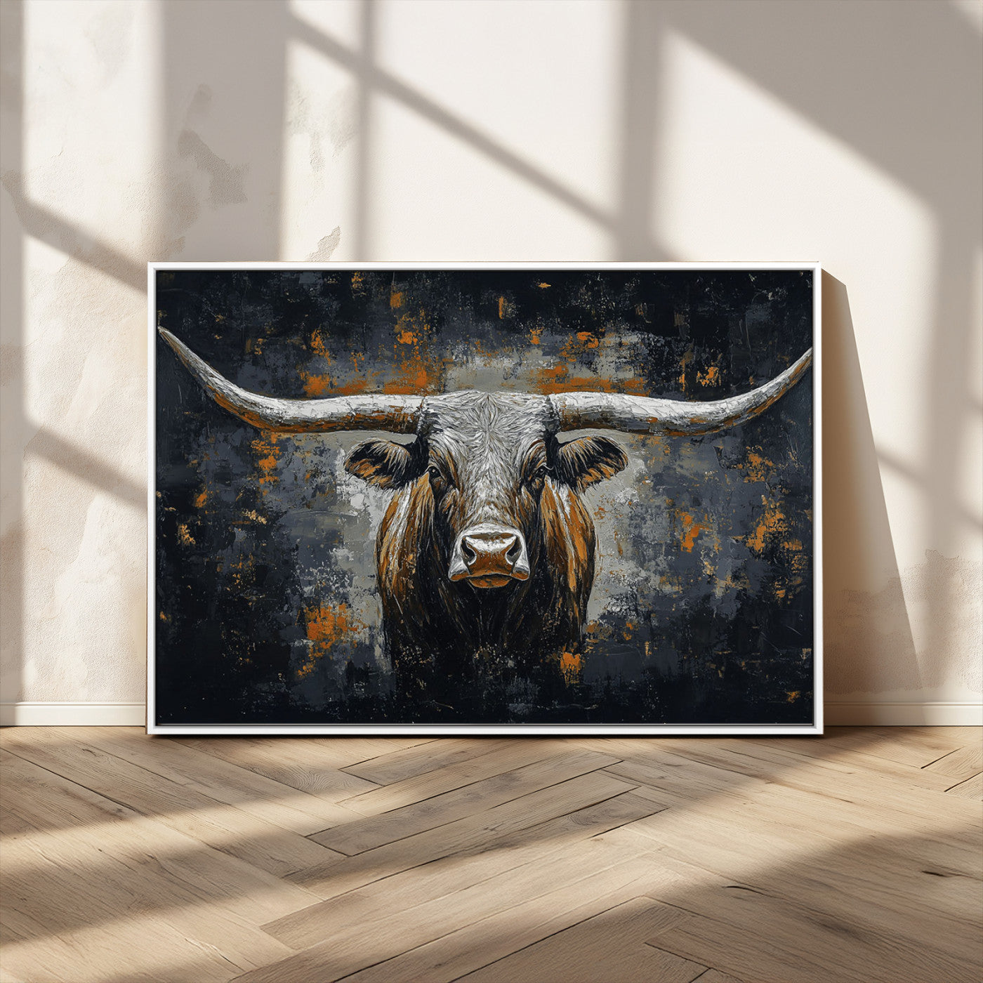 Rustic Longhorn Bull Wall Art Canvas Print – Vintage Western Cattle Painting, Texas Steer Artwork for Ranch, Farmhouse or Cowboy Decor