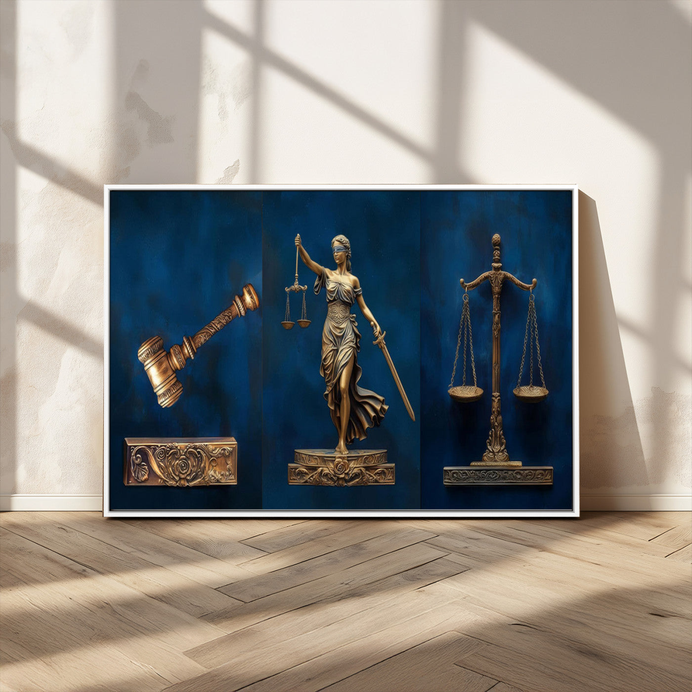 MGV-FC-36X24 - Lady Justice Wall Art Canvas Print – Elegant Gold Legal Symbols on Blue Background, Perfect for Law