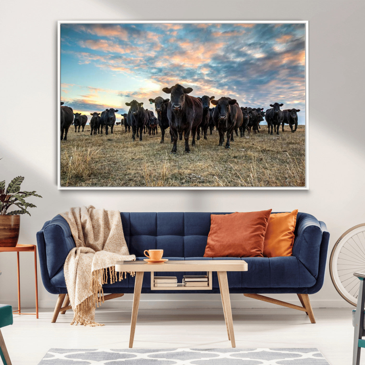 13867292-MGV-CV-36X24-Texas Longhorn Cattle Wall Art Canvas Print – Rustic Western Ranch Scene with Steers at Sunset, Perfect for Farmhouse or Cowboy Decor