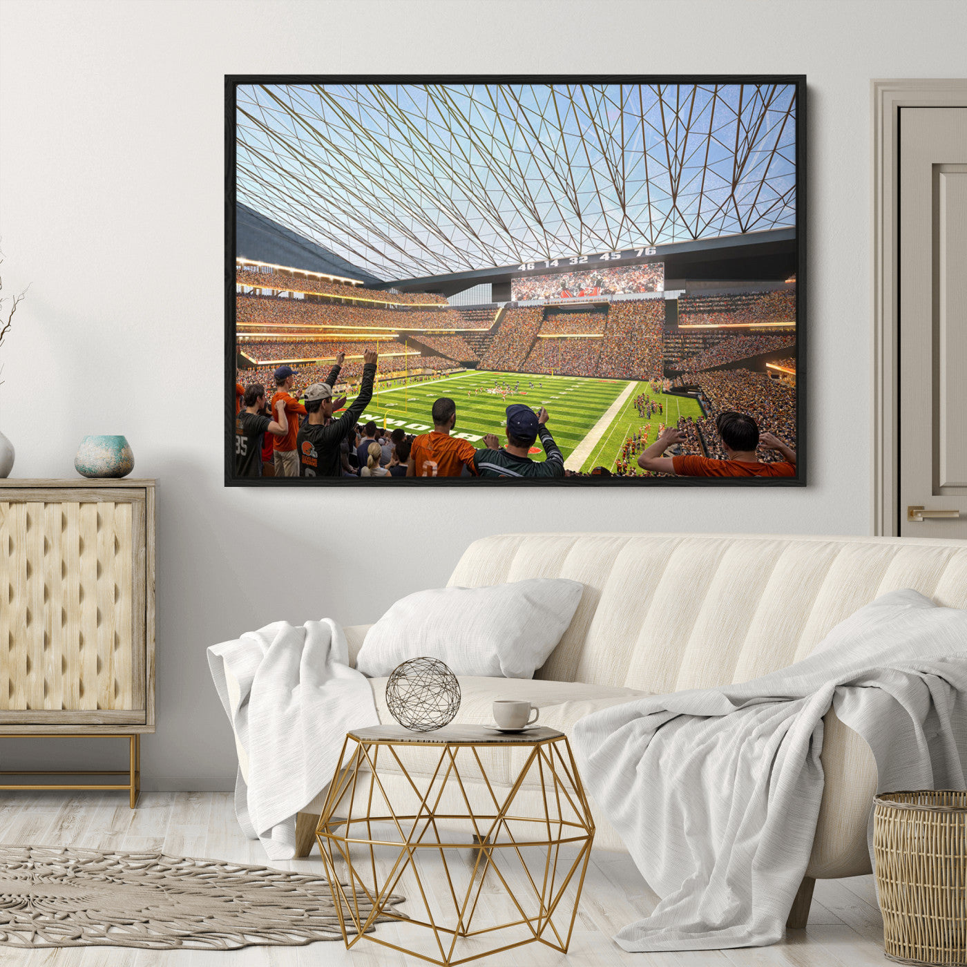 81960112-MGV-CV-36X24-Cleveland Browns Stadium Wall Art Canvas Print – Framed Football Artwork Featuring Cleveland Skyline and Browns Stadium, Perfect for Man Cave or Game Room Decor