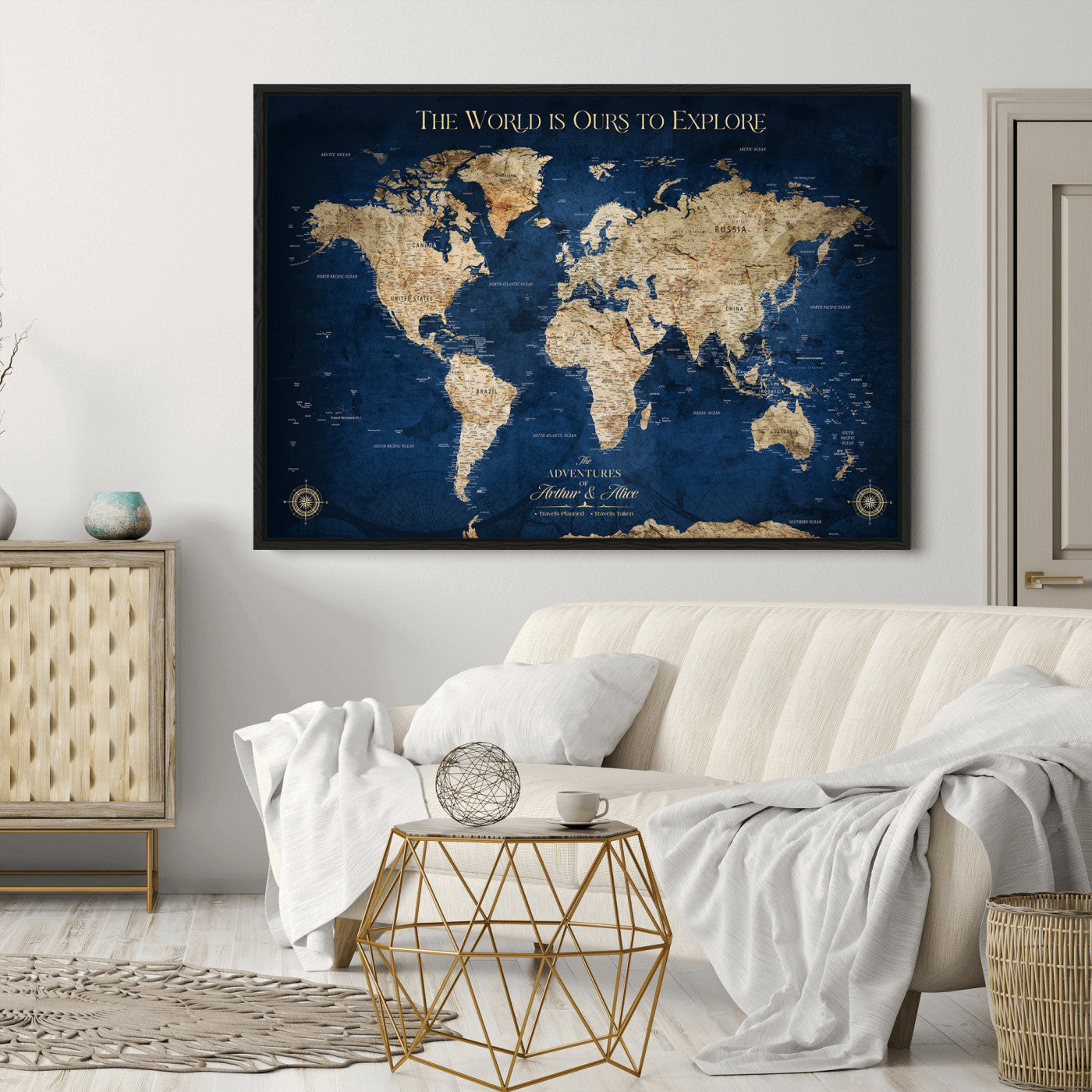 10181149-MGV-CV-36X24-Custom Push Pin World Map Wall Canvas Print – Personalized Travel Tracker with Pins – Framed Large Multi-Size Canvas for Home Office Decor