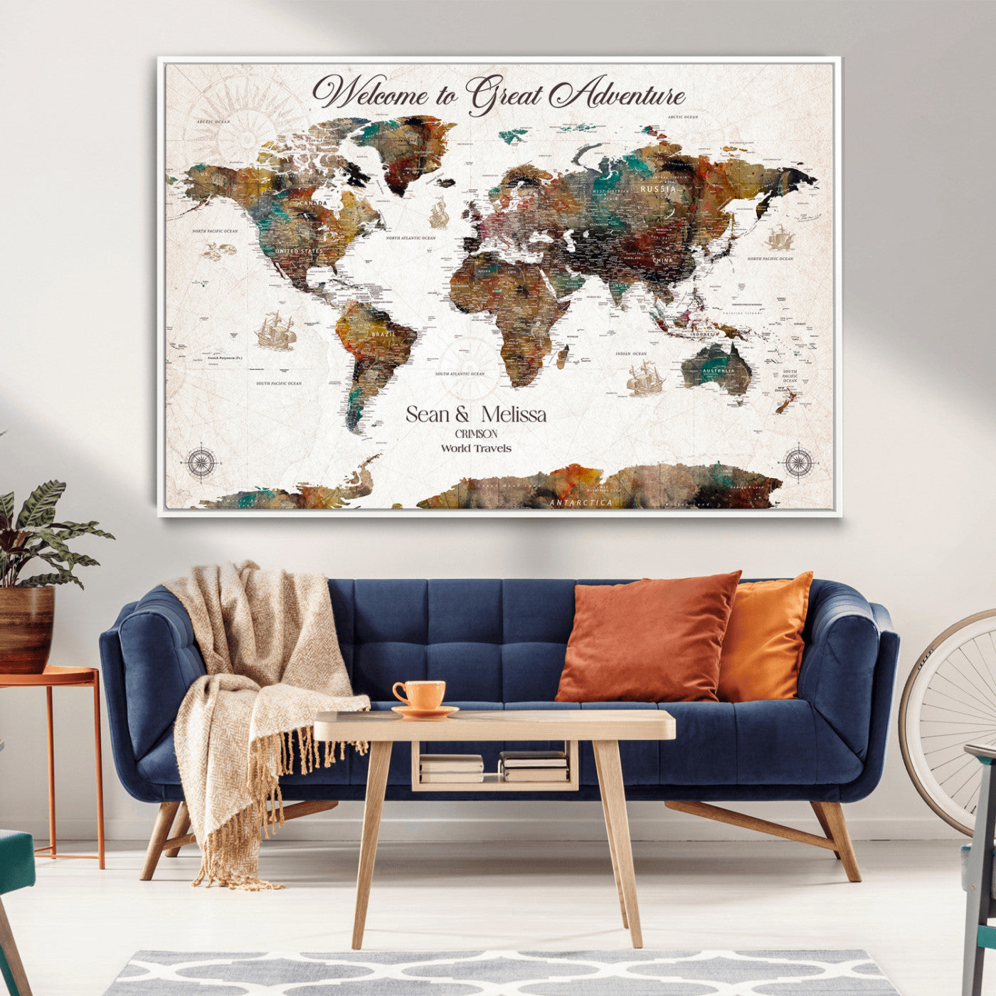 92462592-MGV-CV-36X24-Customize Push Pin World Map Wall Canvas Print – Personalizable Travel World Map with Pins – Framed Personalized Map Print for Couple Gift - H31