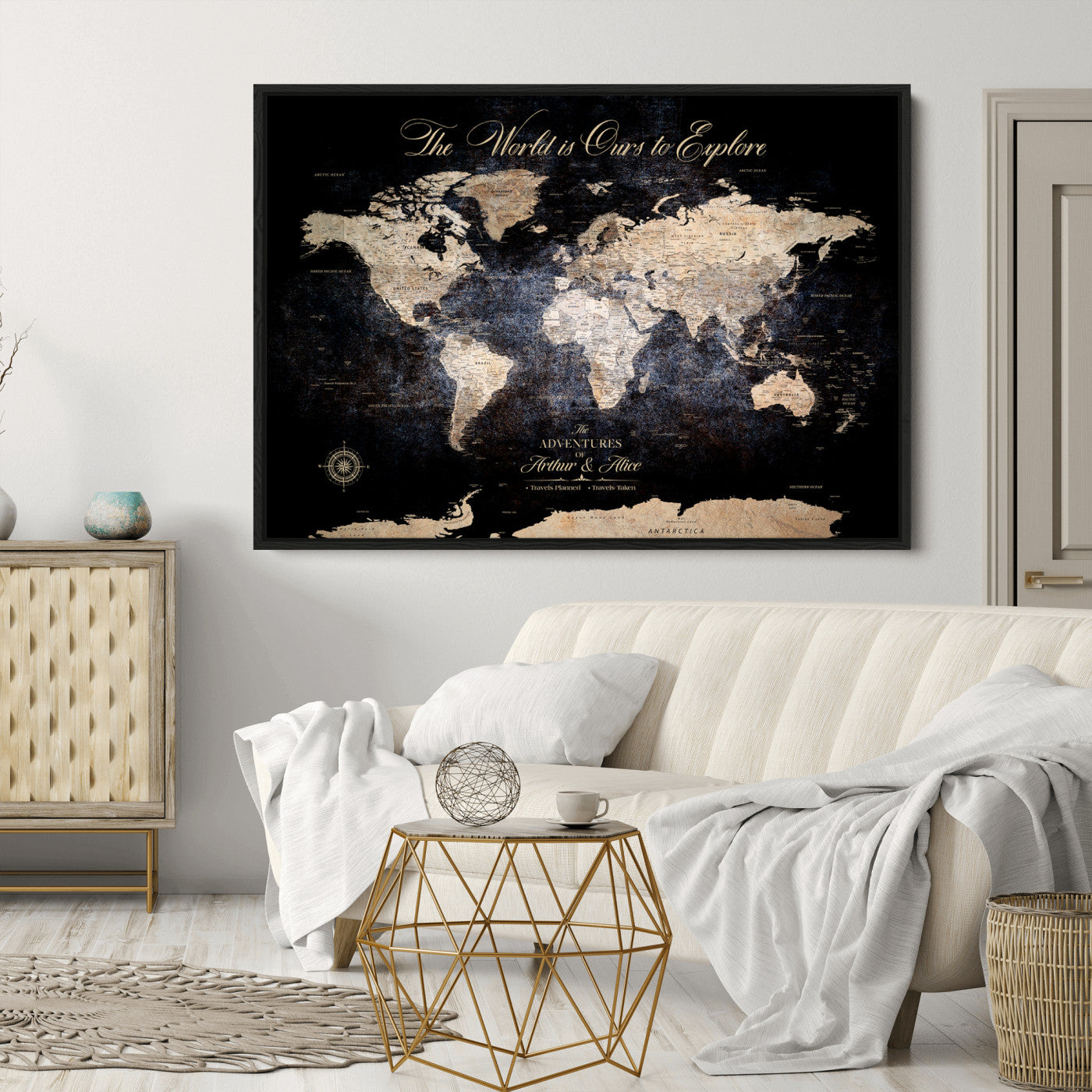 21010471-MGV-CV-36X24-Customize Push Pin World Map Wall Canvas Print, Personalized Travel Tracker with Pins, Framed Large Canvas for Home Office Decor - H37