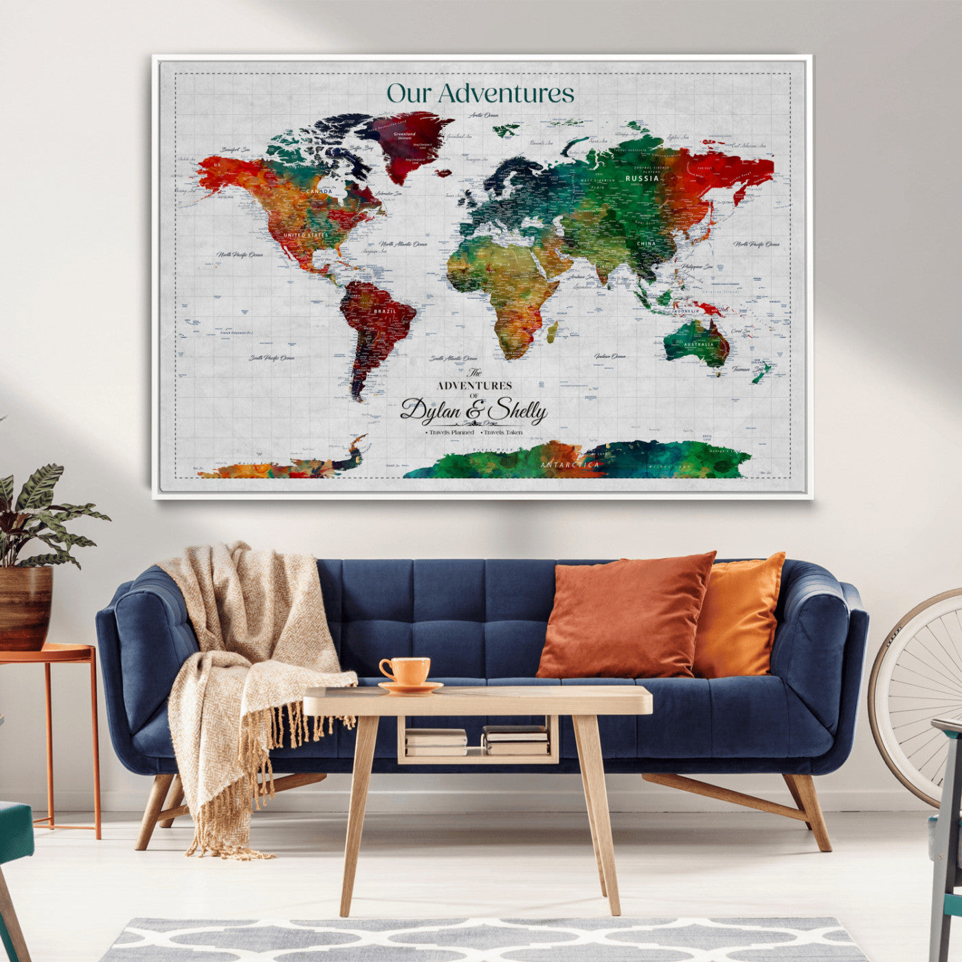50035254-MGV-CV-36X24-Watercolor Personalized World Map Canvas Print - Customizable Push Pin Framed World Map Print - Custom Quote on Map Print