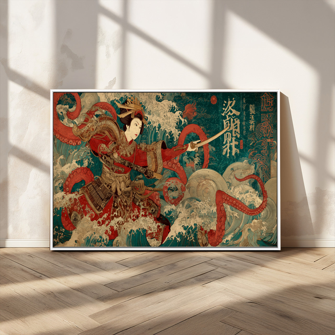 MGV-FC-36X24 - Tsukioka Yoshitoshi Samurai Wall Art Print, Japanese Katana Warrior Canvas Wall Art, Octopus Sea Monster Canvas Print,
