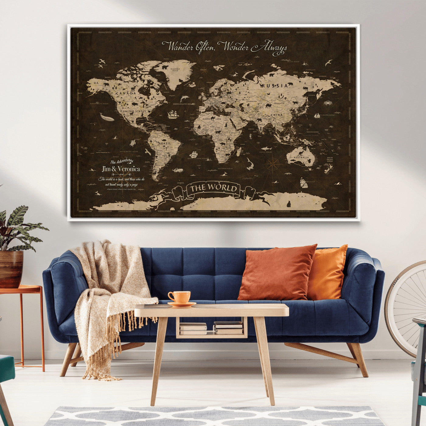 47004909-MGV-CV-36X24-Customize Push Pin World Map Wall Art Canvas Print – Personalized Map for Kids Room – Framed Custom Animal Map for Stady Room Decor
