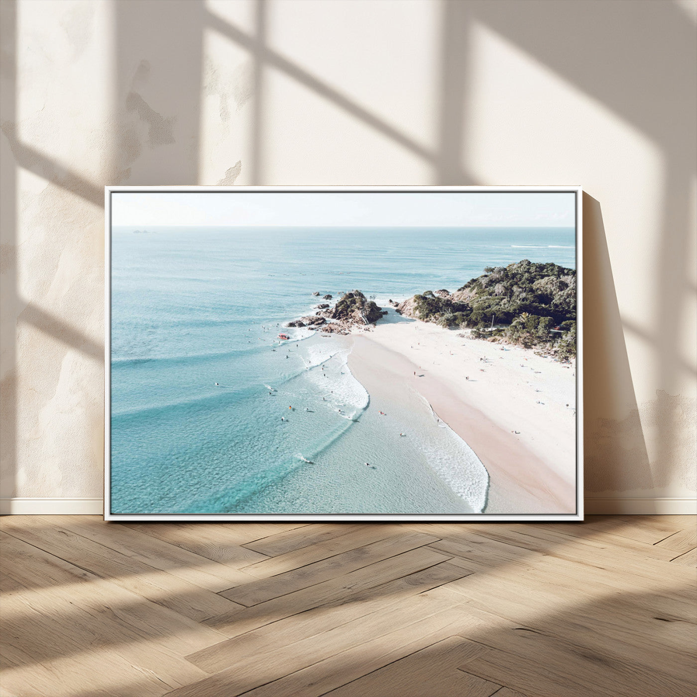 79395467-MGV-FC-36X24_White-Aerial Beach Canvas Wall Art Print, Coastal Ocean Waves and Surfers, Large Scenic Seaside Canvas for Home or Office 1 Panel Wrapped Canvas