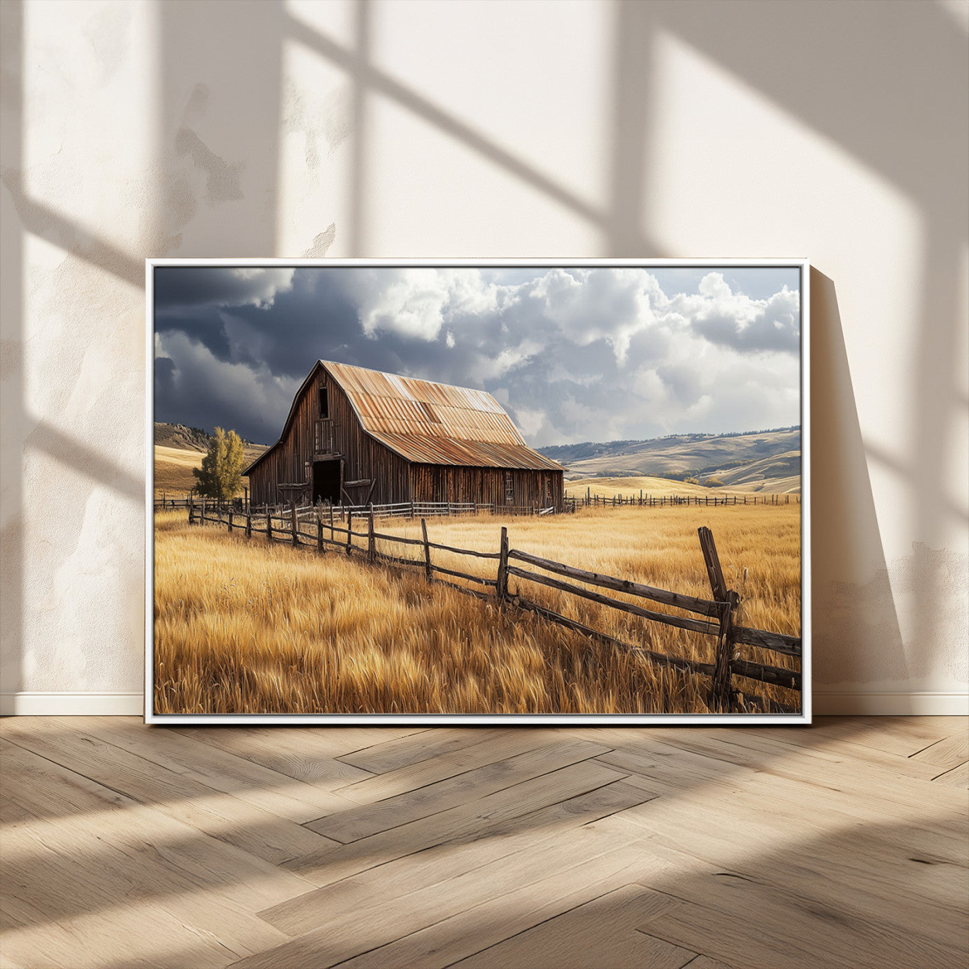"Rustic barn surrounded by golden fields, a wooden fence, and dramatic storm clouds in the sky, capturing a serene countryside landscape."