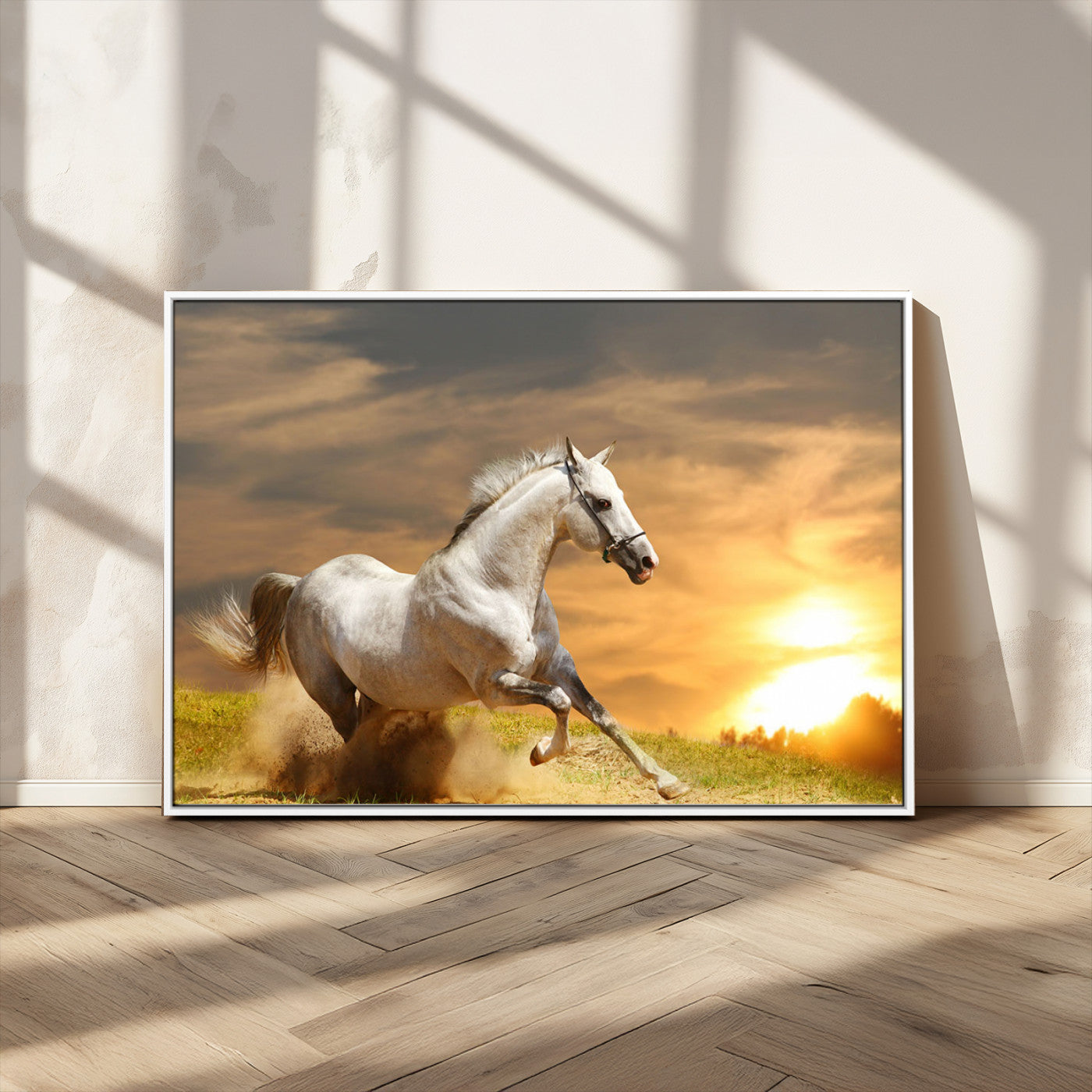 Powerful white horse galloping on a dusty field at sunset with a dramatic sky – Wall Art Canvas Print.