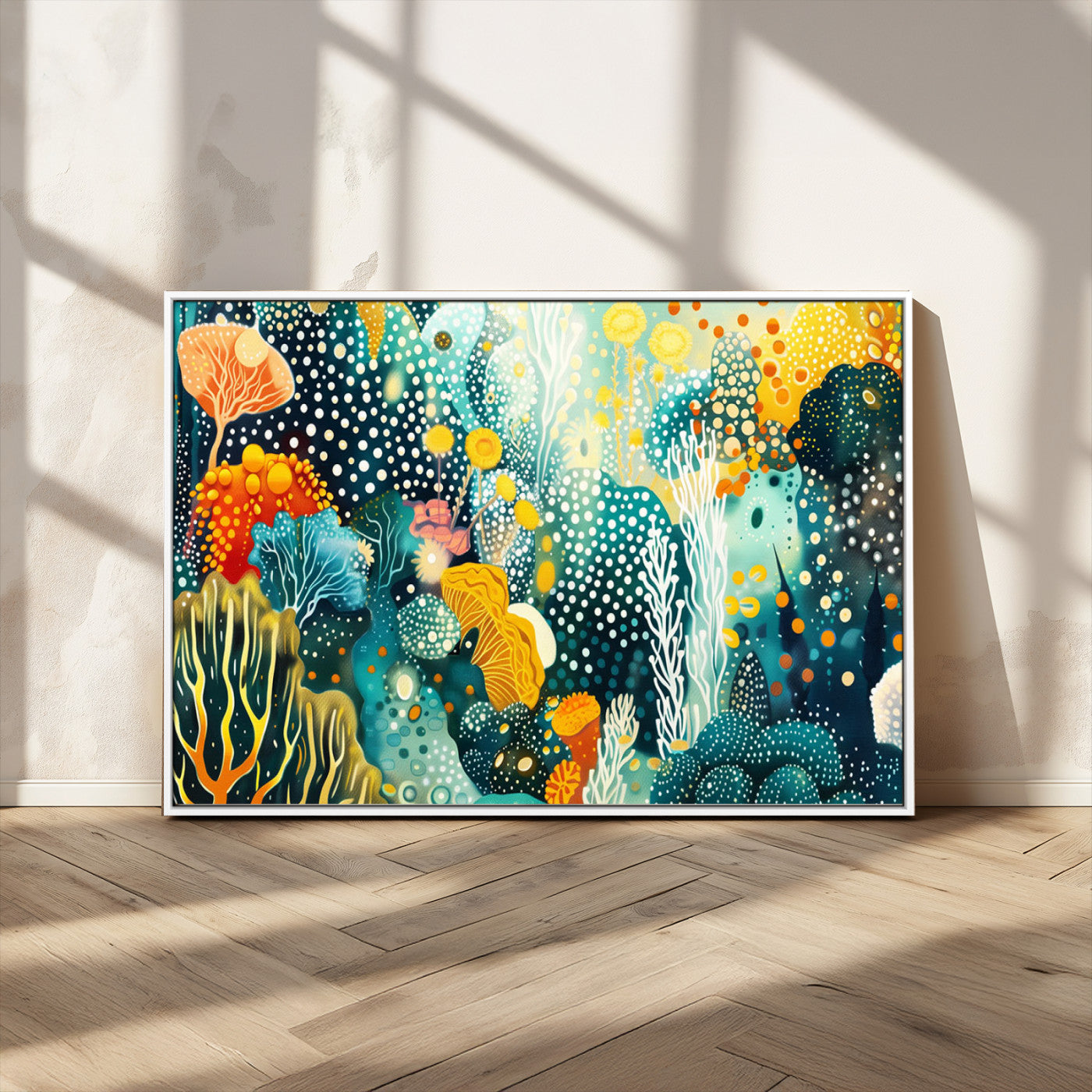 Abstract underwater coral reef illustration with vibrant colors, dotted textures, and stylized marine flora – Wall Art Canvas Print.