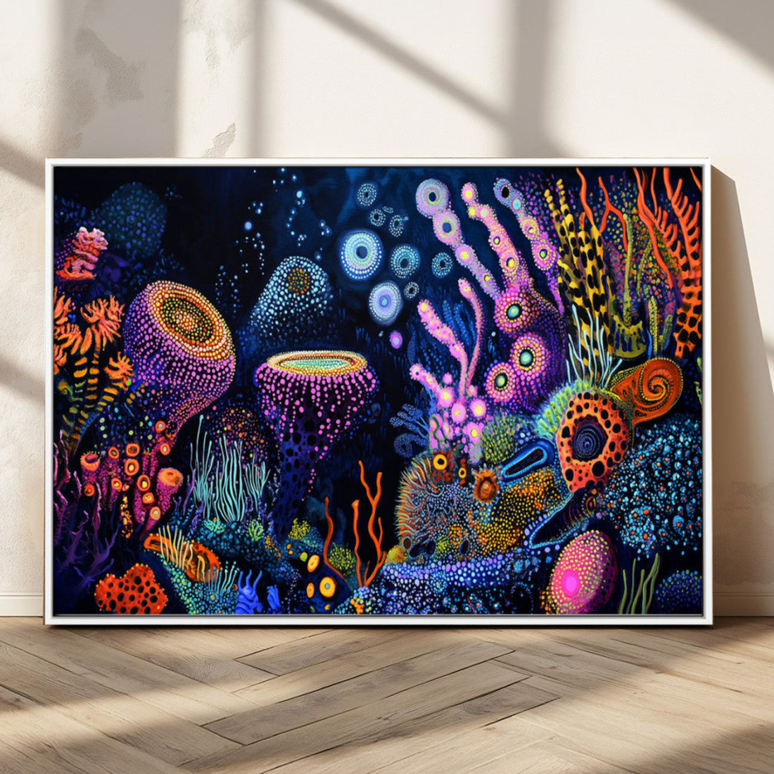 Vibrant Neon Coral Reef Wall Art Canvas Print, Colorful Underwater Marine Life