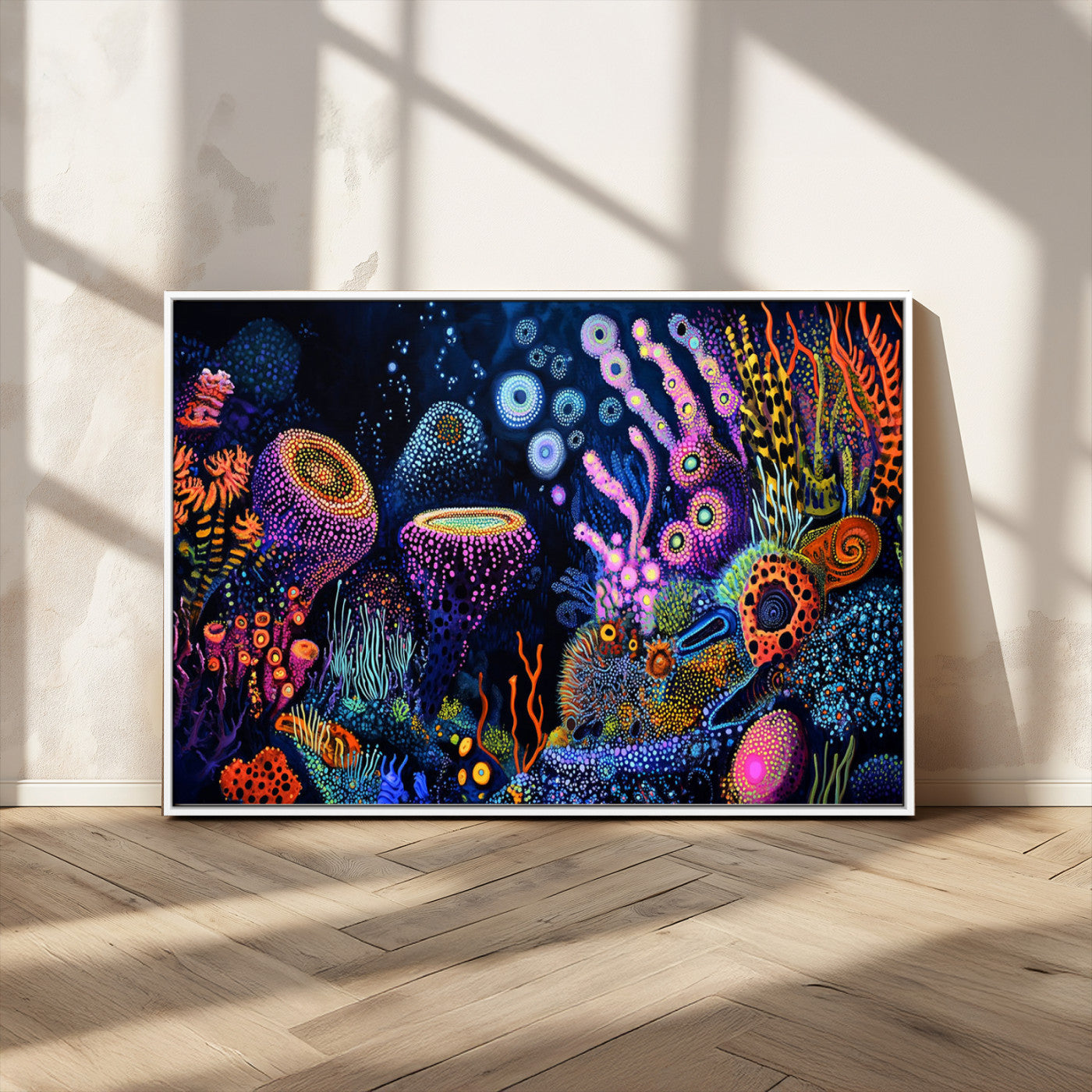 Vibrant and colorful abstract underwater coral reef artwork with diverse shapes and glowing patterns – Wall Art Canvas Print.