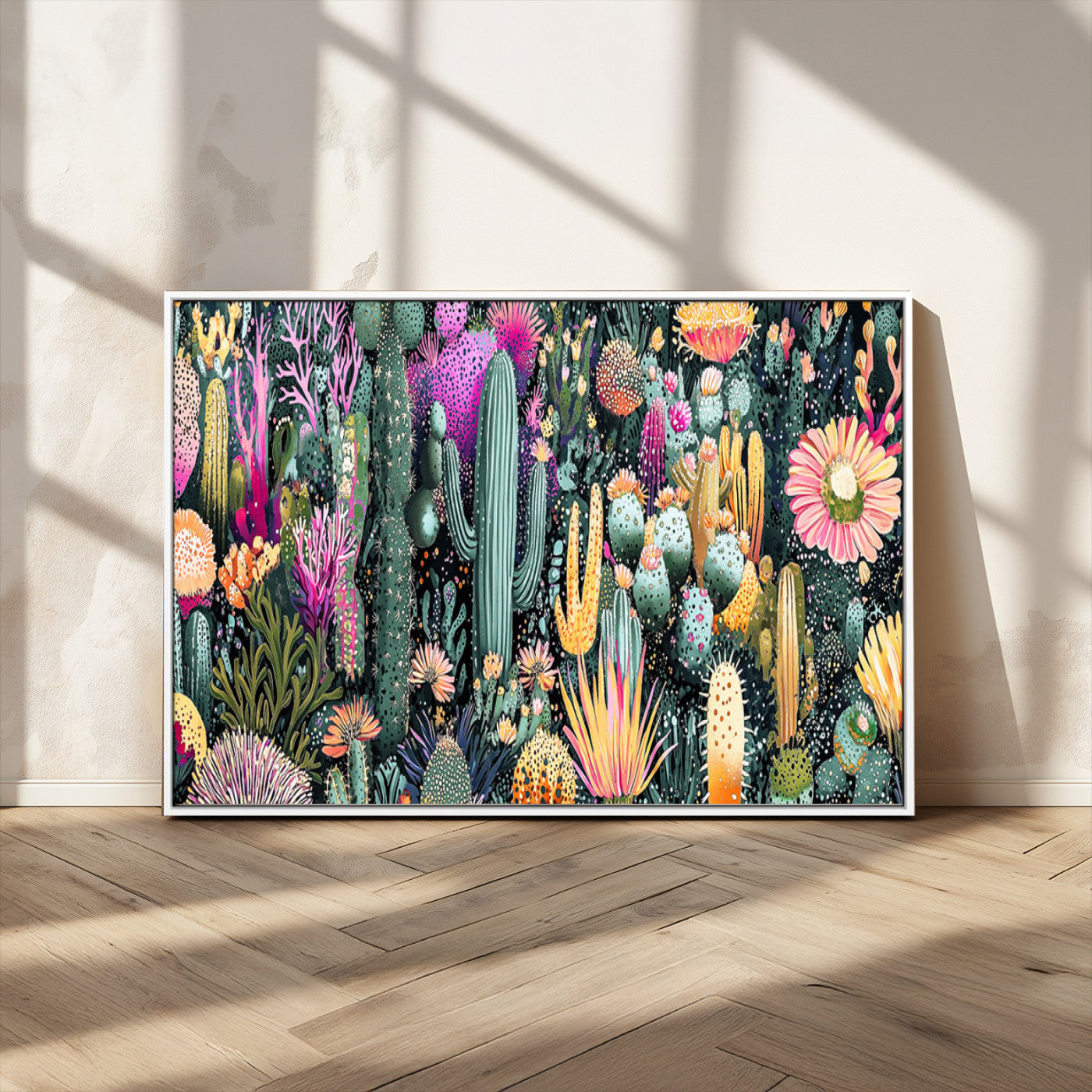 Colorful and detailed painting of various cacti and desert flowers in vibrant hues on a dark background – Wall Art Canvas Print.