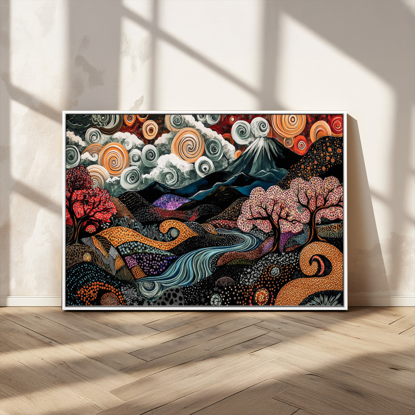 Vibrant abstract landscape painting featuring swirling clouds, colorful trees, flowing river, and textured hills under a mountain – Wall Art Canvas Print.