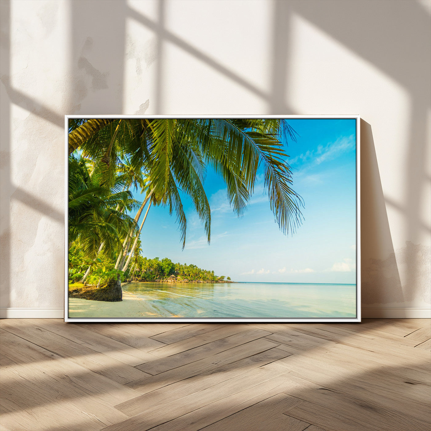 MGV-FC-36X24 - Peaceful Tropical Beach with Palm Trees and Calm Blue Sea – Serene Coastal Wall Art Canvas Print for