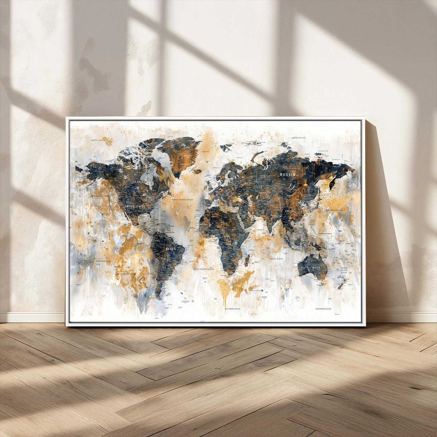 Artistic world map with textured brush strokes in shades of gold, navy blue, and white, showing continents and countries with an abstract, painterly effect.