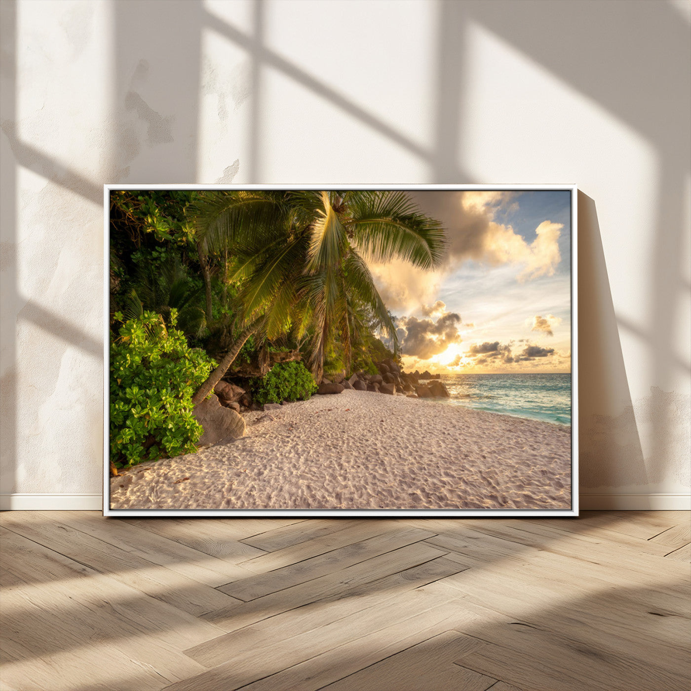 89531159-MGV-FC-36X24_White-Tropical beach sunset, palm trees, white sand, ocean waves, golden sky, serene landscape, nature beauty, tranquil shore, Wall Art Canvas Print