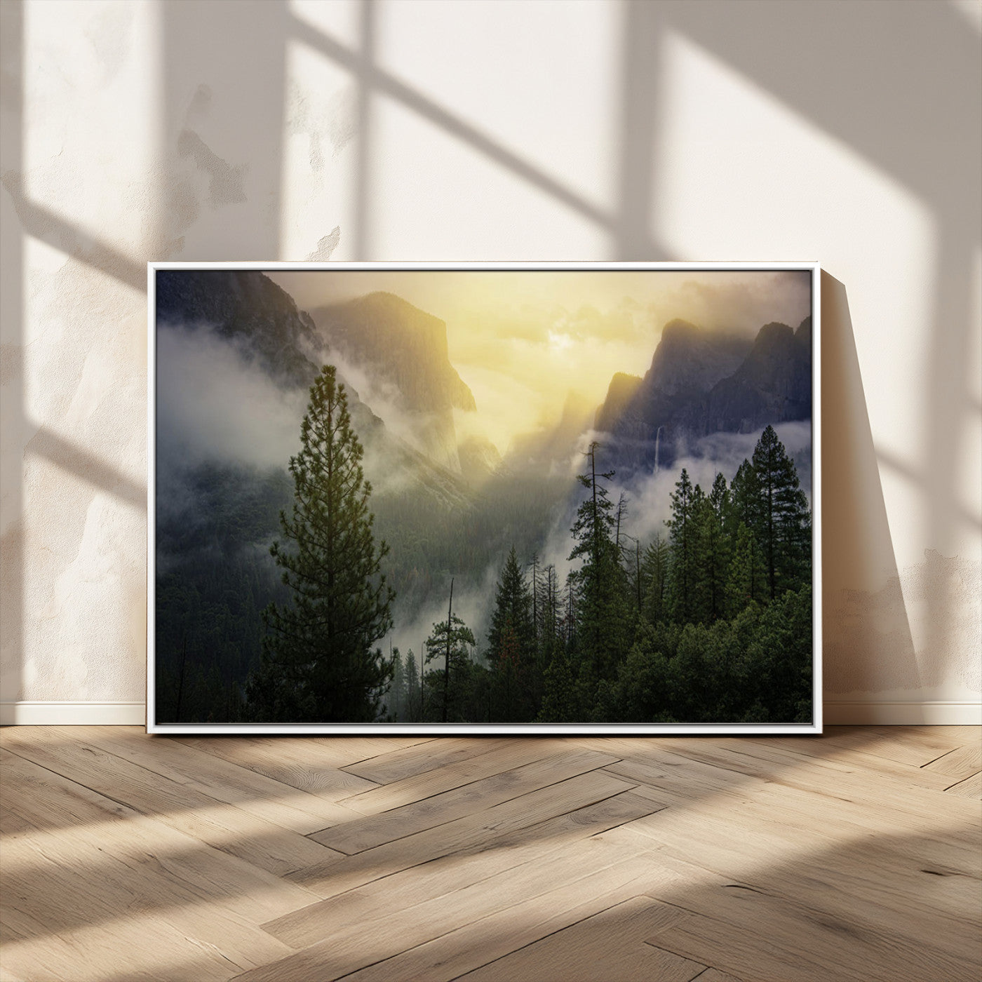 38316884-MGV-FC-36X24_White-Misty Forest Sunrise Mountain Valley Pine Trees Foggy Landscape Nature Scenic Outdoors Calm Tranquil Wall Art Canvas Print