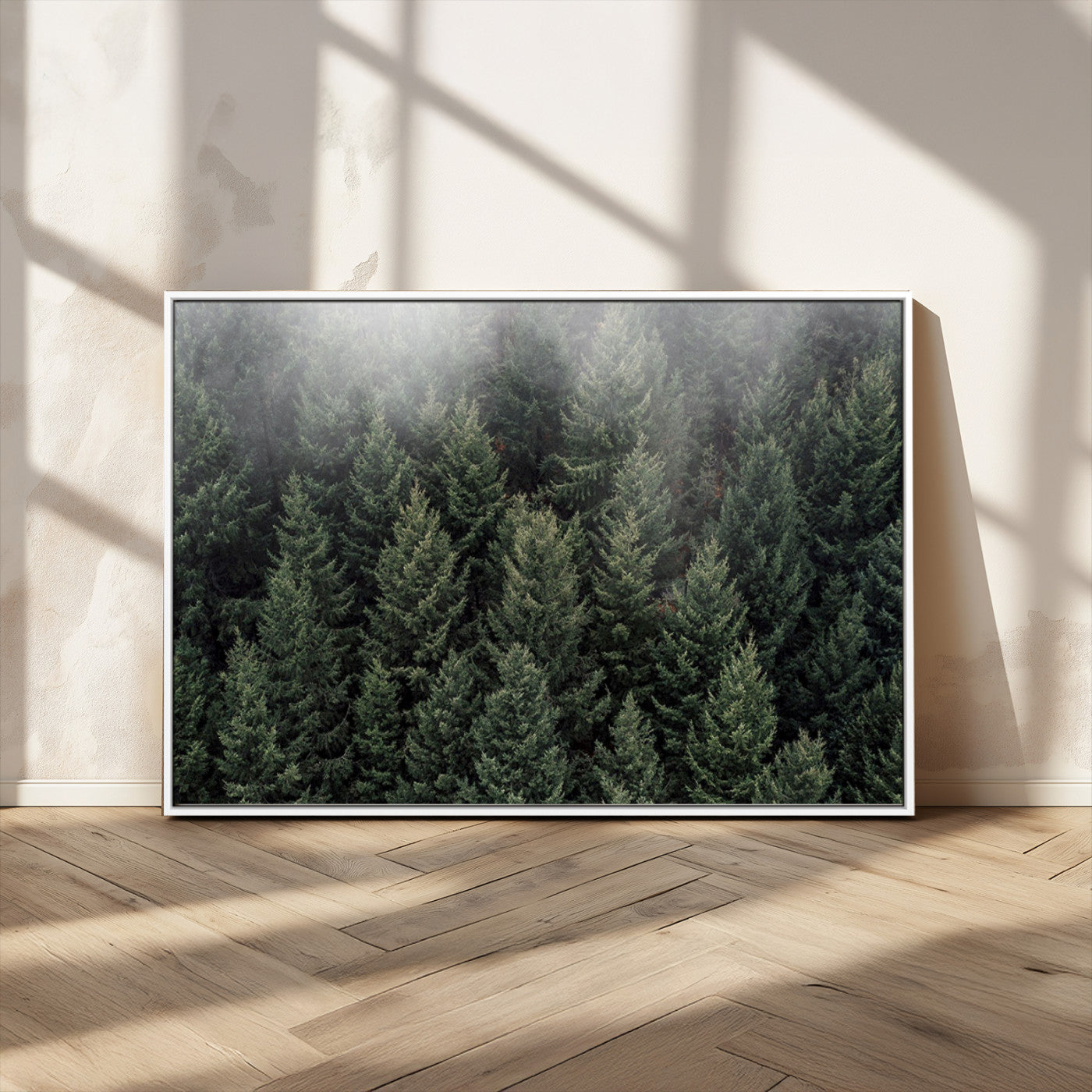 84059409-MGV-FC-36X24_White-Dense Evergreen Forest Misty Morning Fog Pine Trees Woodland Nature Landscape Calm Peaceful Scenic Wall Art Canvas Print