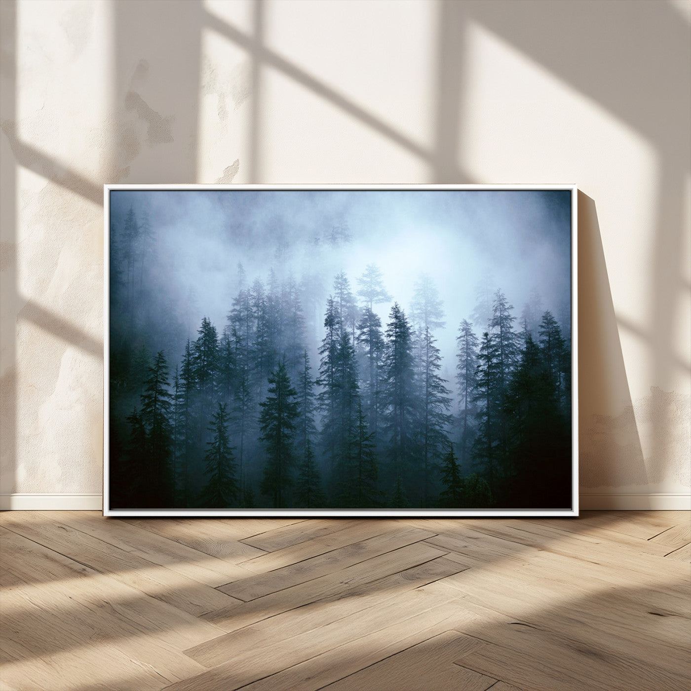 93439624-MGV-FC-36X24_White-Foggy Evergreen Pines Mist Forest Blue Haze Moody Atmospheric Wilderness Nature Trees Scenic Tranquil Peaceful Landscape Wall Art Canvas Print