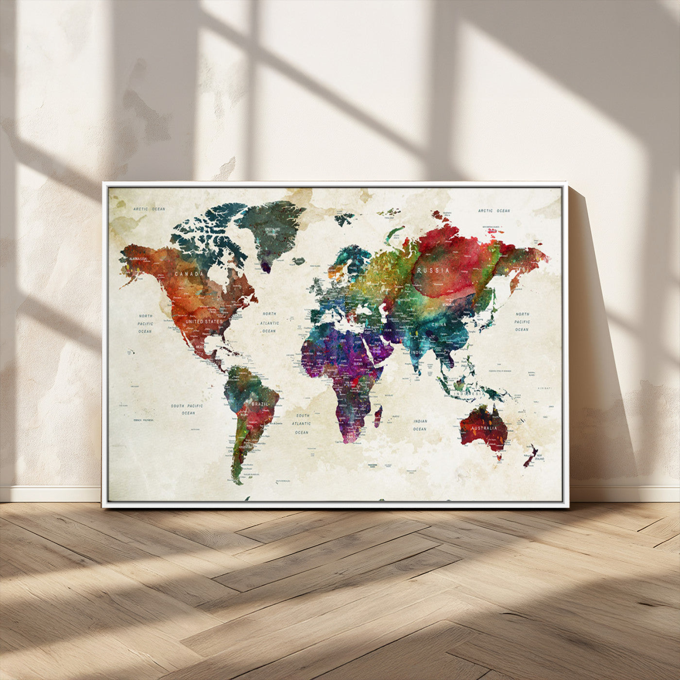Colorful watercolor world map with countries labeled, featuring rich, vibrant hues across continents on a vintage beige background, Wall Art Canvas Print style.