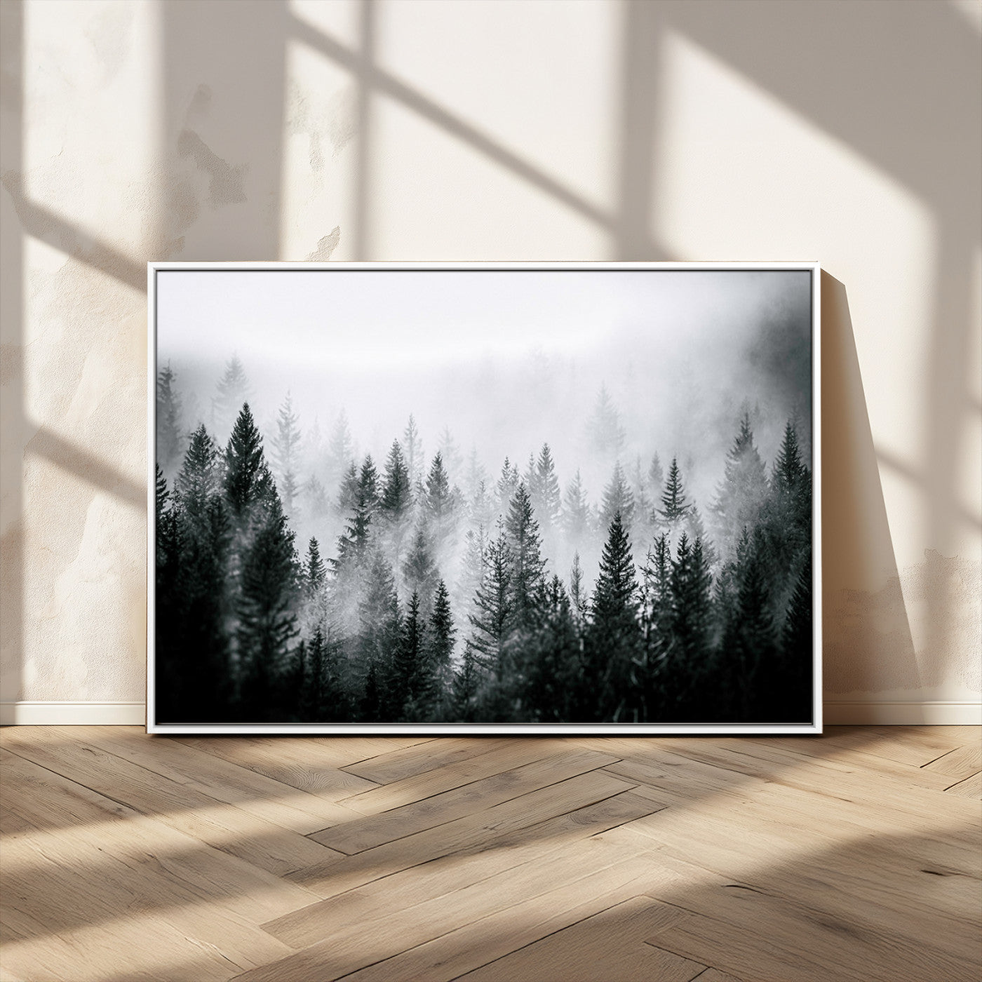 Horizontal black and white canvas wall art of foggy pine forest landscape for modern and rustic home decor