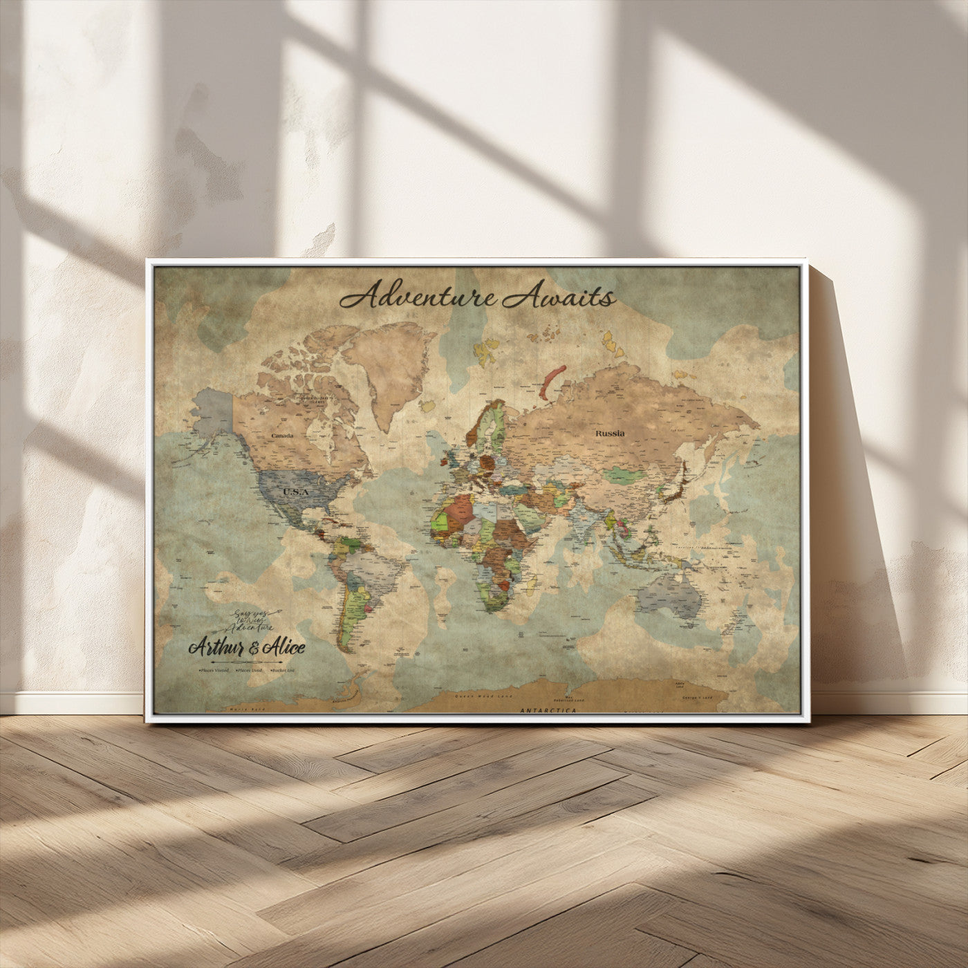 MGV-FC-36X24 - Personalized World Map Wall Art Canvas Print – Custom Push Pin Travel Map for Couples, Families, or Office Décor