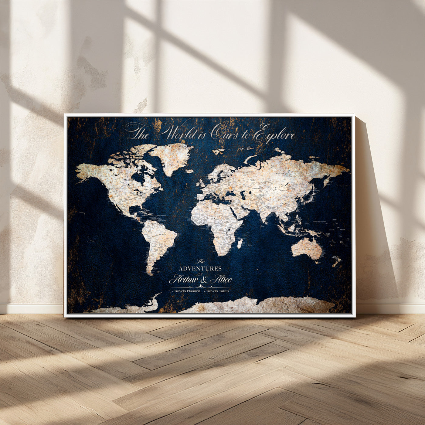 MGV-FC-36X24 - Personalized World Map Wall Art Canvas Print – Custom Push Pin Travel Map for Couples, Families, or Office Décor