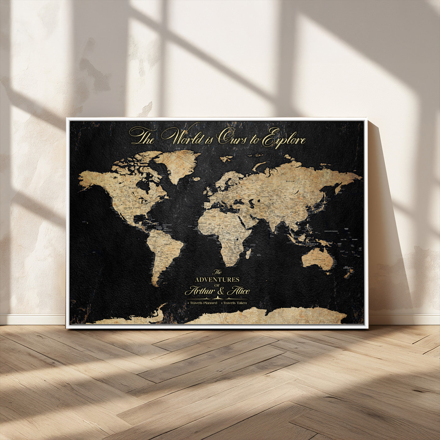 MGV-FC-36X24 - Personalized World Map Wall Art Canvas Print – Custom Push Pin Travel Map for Couples, Families, or Office Décor