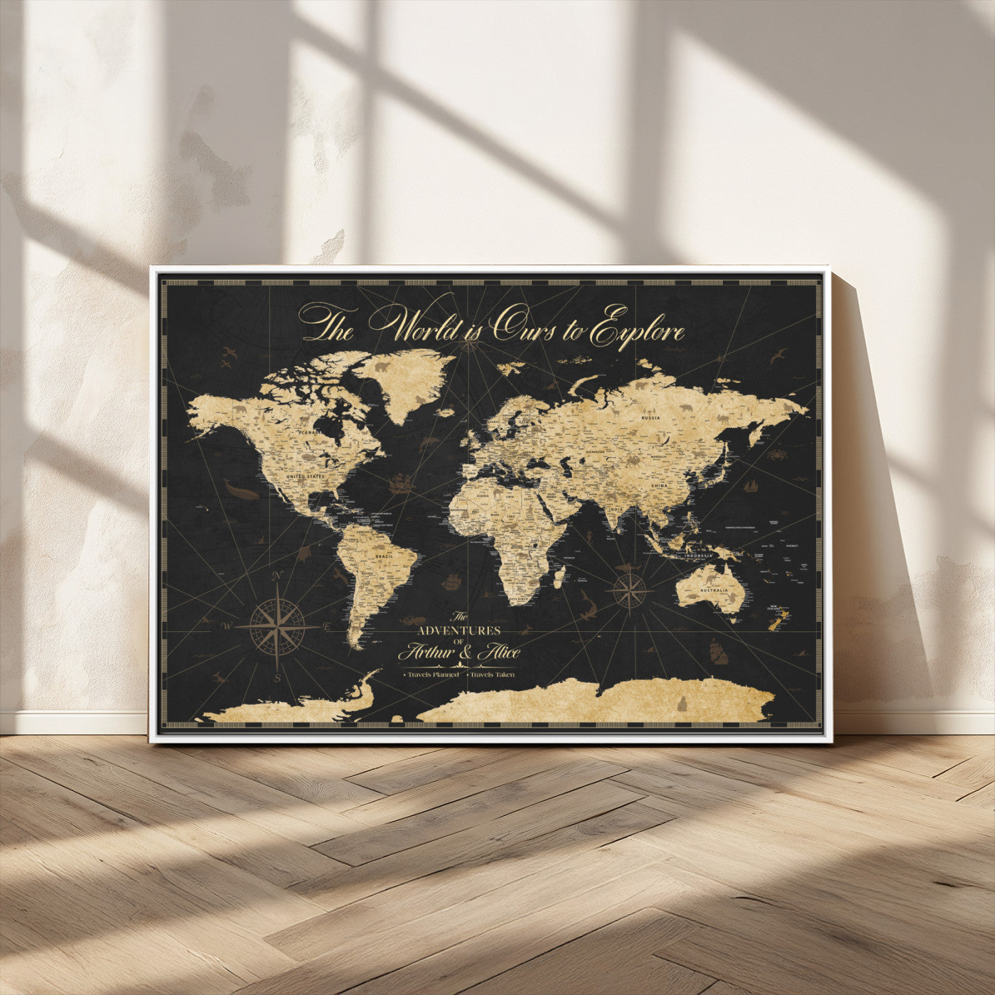 MGV-FC-36X24 - Personalized World Map Wall Art Canvas Print – Custom Push Pin Travel Map for Couples, Families, or Office Décor