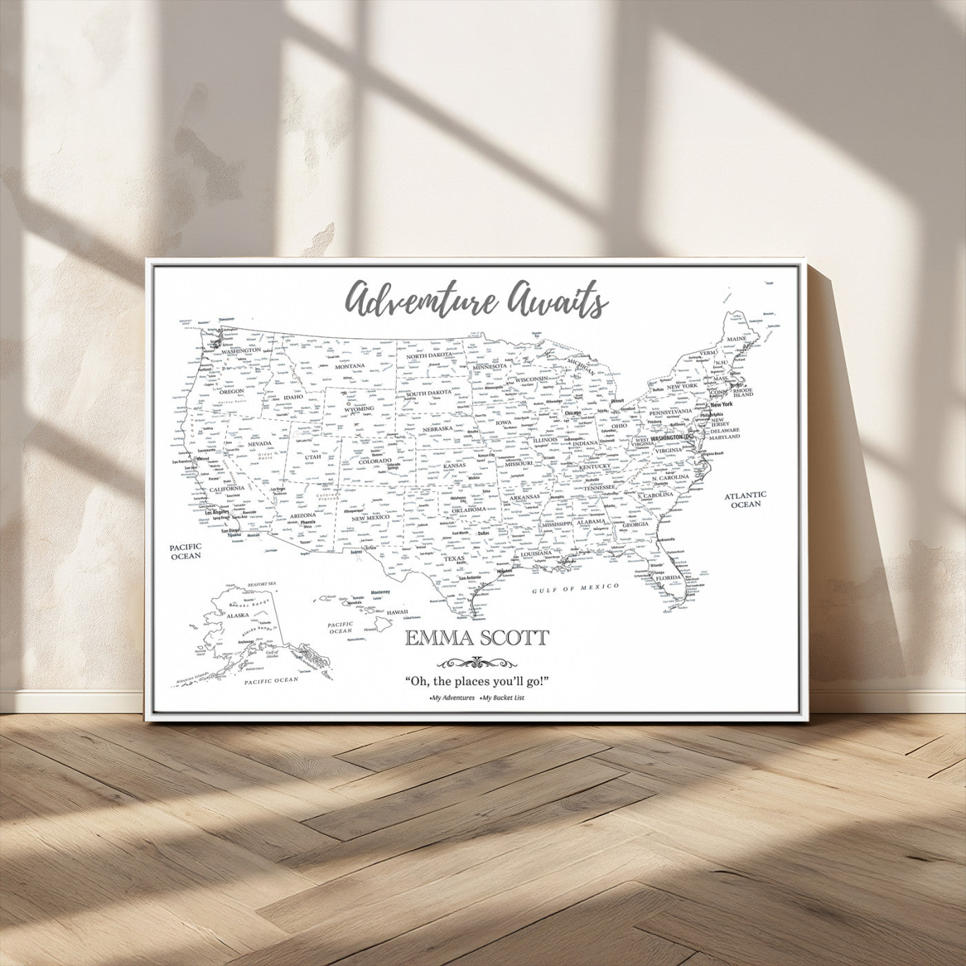 MGV-FC-36X24 - Personalized US Map Wall Art Canvas Print – Custom Push Pin Travel United States US Map for Couples, Families, or Office Décor