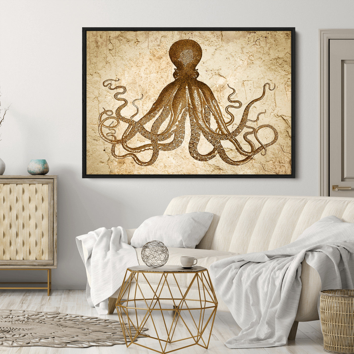 96154-MGV-CV-36X24-Sepia Octopus Wall Art Abstract Animal Canvas Print