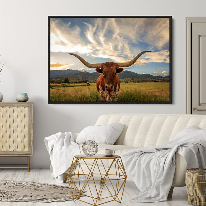 Texas Longhorn Canvas Wall Art – Majestic Triptych Animal Print – Rustic Western Decor for Living Room or Office – Ready to Hang