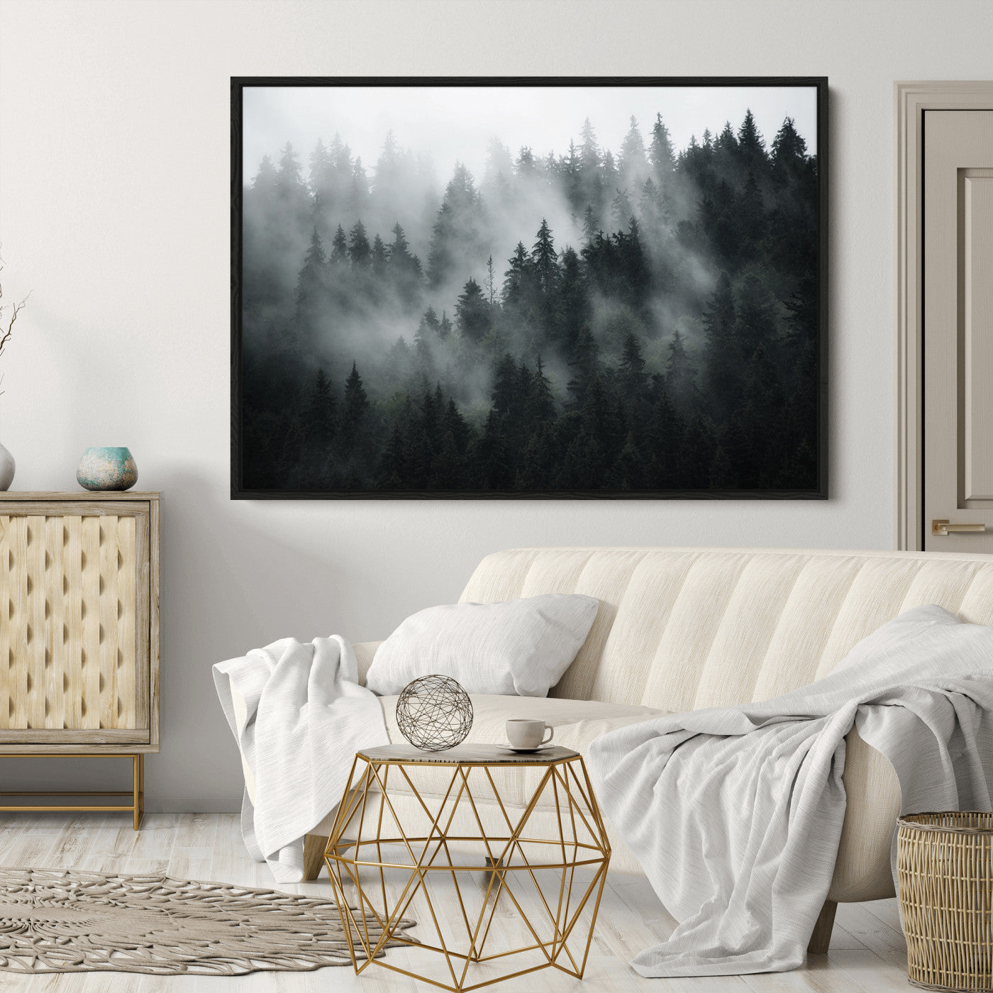 52359-MGV-CV-36X24-Foggy Forest Wall Art Canvas Print | 3 Panel Large Misty Landscape for Dining Room, Office, or Living Room | Ready to Hang Nature Deco