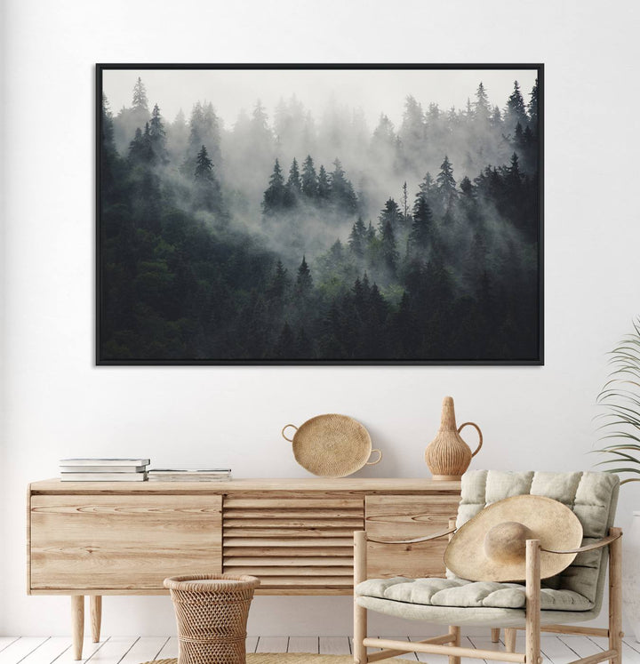 The Serene Triptych Print features tall evergreens, creating a mysterious and calming atmosphere.