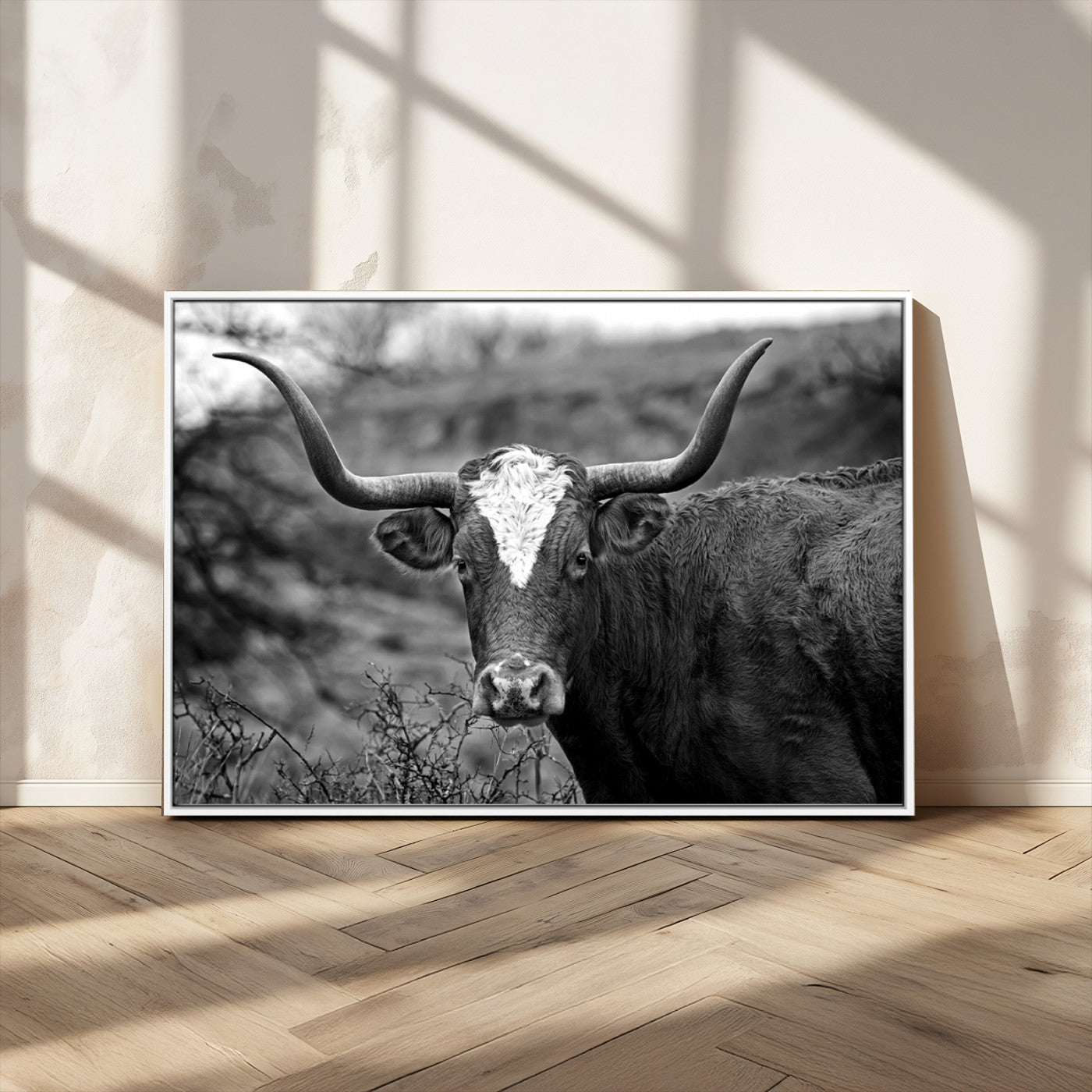 MGV-FC-36X24 - Western Home Wall Art Canvas Print, Framed Texas Longhorn Art Picture Print, Rustic Cow Perfect Rustic Farmhouse Decor Artwork