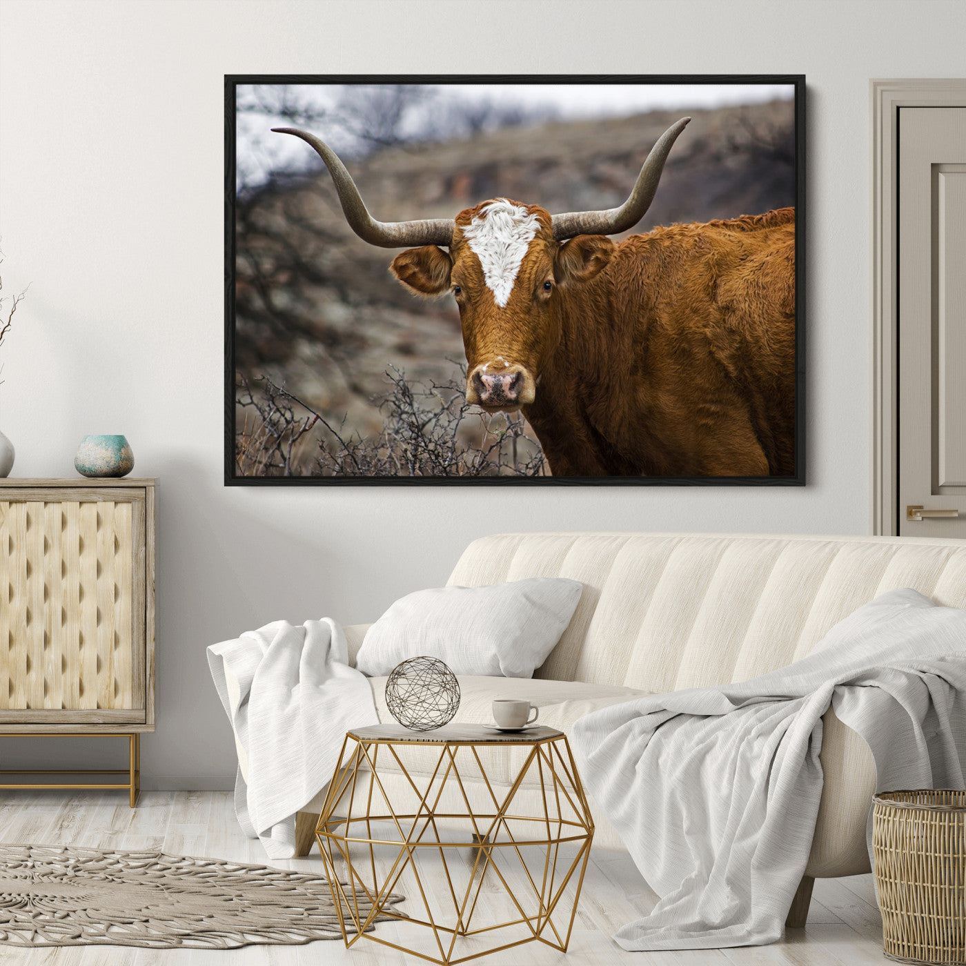 71797-MGV-CV-36X24-Texas Longhorn Canvas Wall Art - Longhorn Steer Canvas Wall Art Print- Rustic Western Animal Print, Large Longhorn Decor for Living Room,