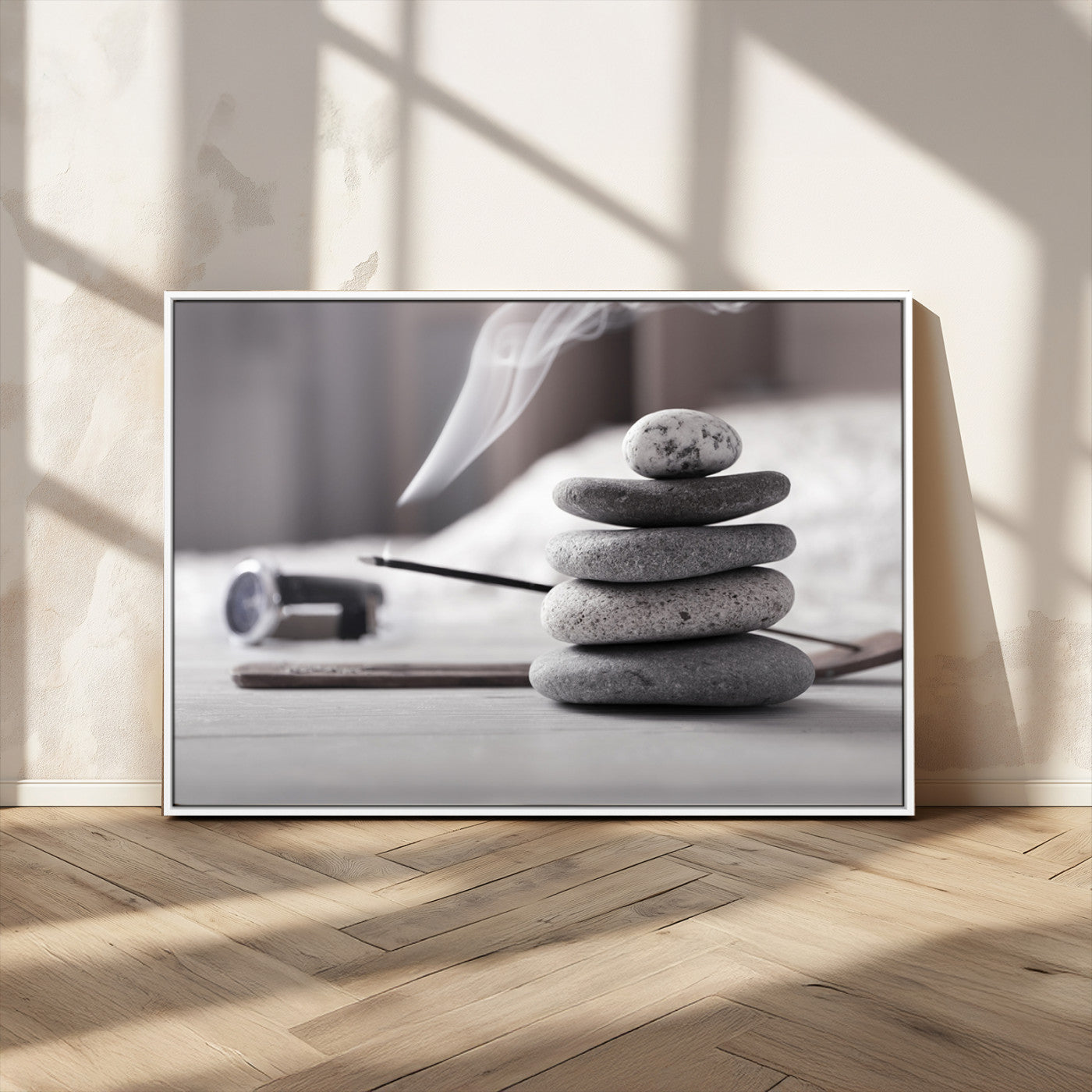 MGV-FC-36X24 - Burning Incense and Zen Stones Buddhism Wall Art, Zen Stones Wall Art Canvas Print