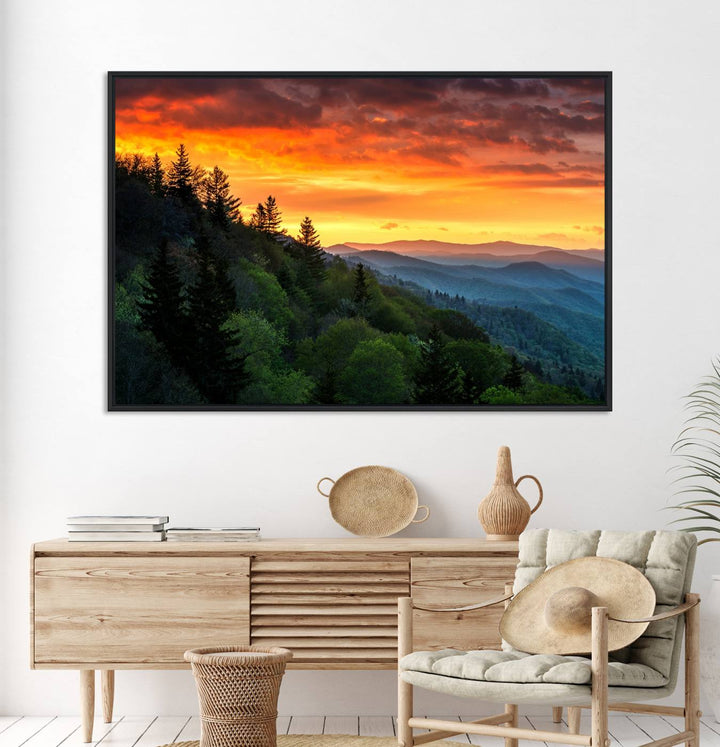 The Great Smoky Mountains Sunset Wall Art, a 3-panel print, beautifully captures natures beauty and is perfect for living room or office decor.