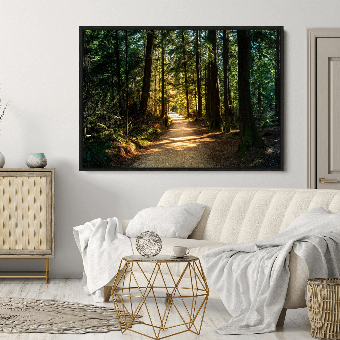 51762-MGV-CV-36X24-Sunlit Forest Pathway Canvas Print | 3 Panel Large Nature Wall Art for Living Room, Office, or Modern Space | Tranquil Scenic Forest, Ready