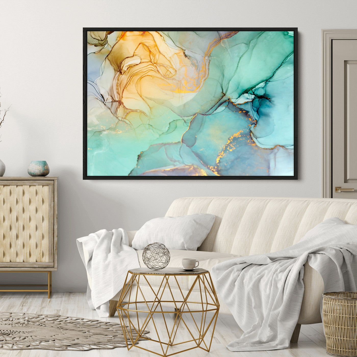 47242-MGV-CV-36X24-Green Marble Fluid Effect Wall Art Abstract Canvas Wall Art Print