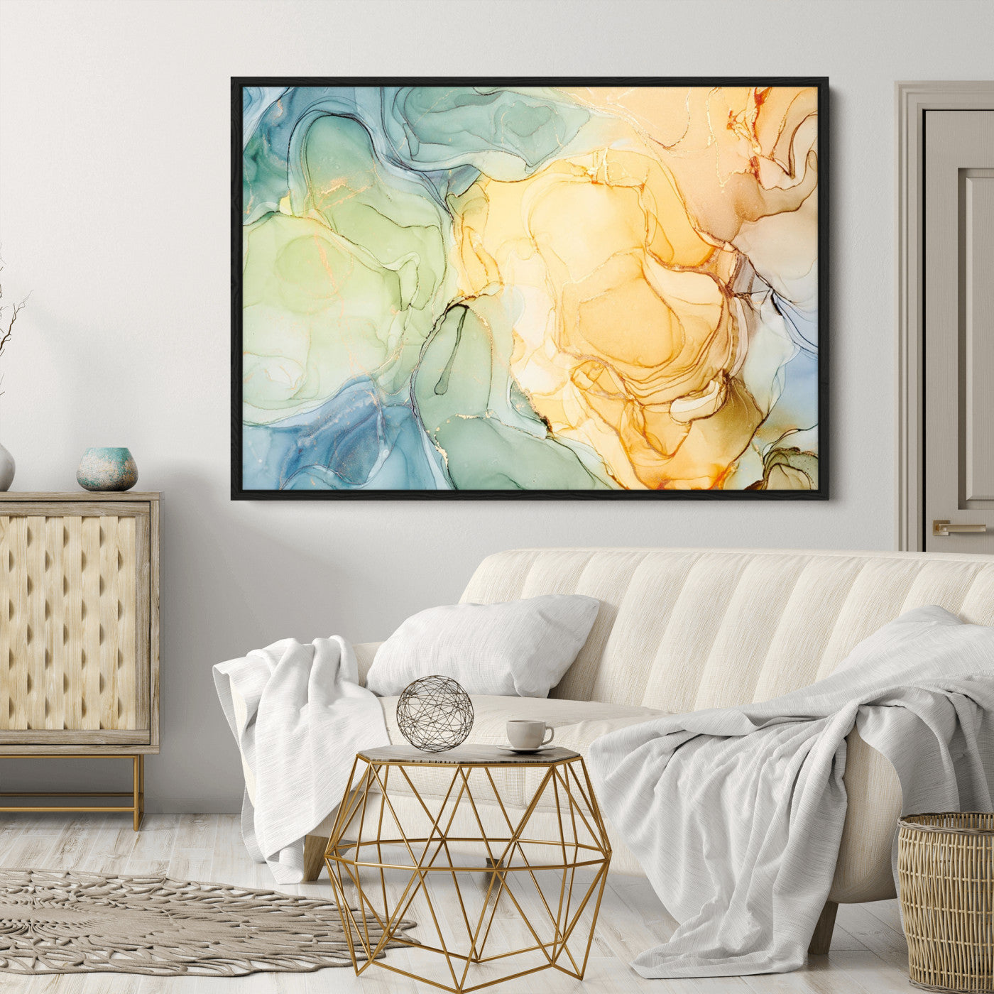 42195-MGV-CV-36X24-Green and Yellow Marble Fluid Effect Wall Art, Green and Yellow Marble Canvas Wall Art Print