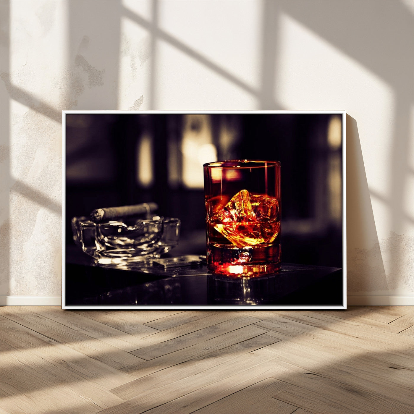 MGV-FC-36X24 - Whiskey and Cigar Canvas – Luxurious Wall Art for Home or Bar – Glass and Cigar Scene Print Canvas