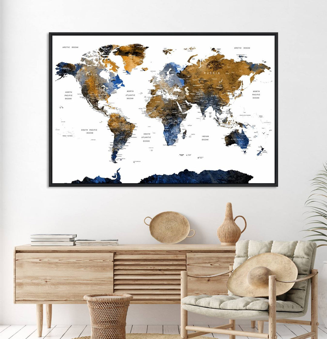 Modern Blue and Brown World Map Canvas Wall Art – Triptych Map Print – Global Decor for Living Room or Office – Ready to Hang