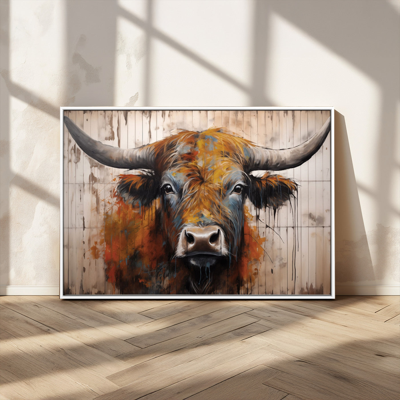 MGV-FC-36X24 - Scottish Highland Cow Cattle Art Print on Wood Style Background