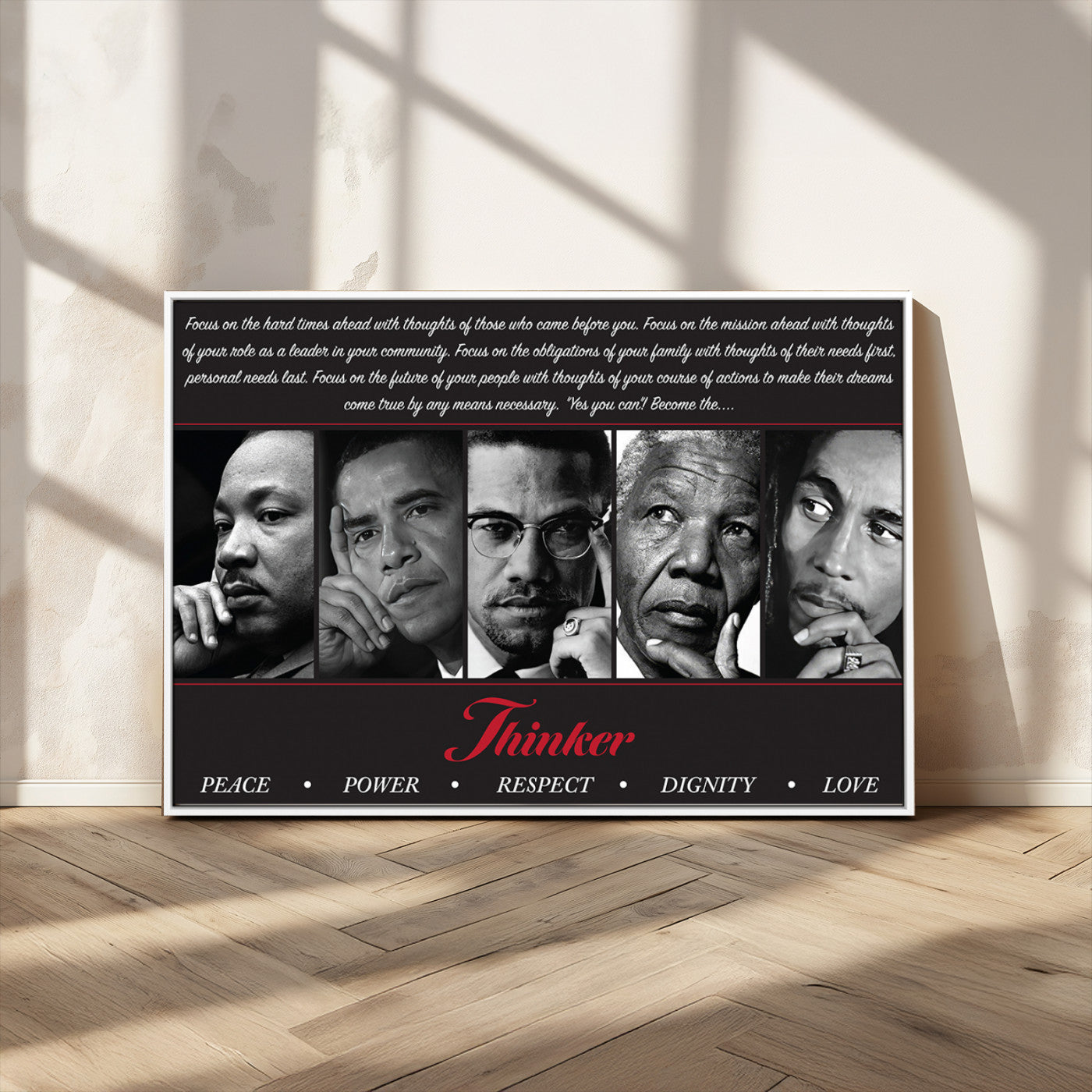 MGV-FC-36X24 - Thinker Quintet Canvas Wall Art – Martin, Obama, Malcolm X, Mandela, Marley Featuring Peace, Power,