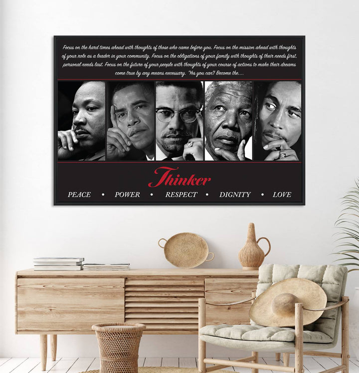 The Thinker Quintet Canvas Wall Art features portraits of Martin, Obama, Malcolm X, Mandela, and Marley, each representing virtues such as Peace and Power.