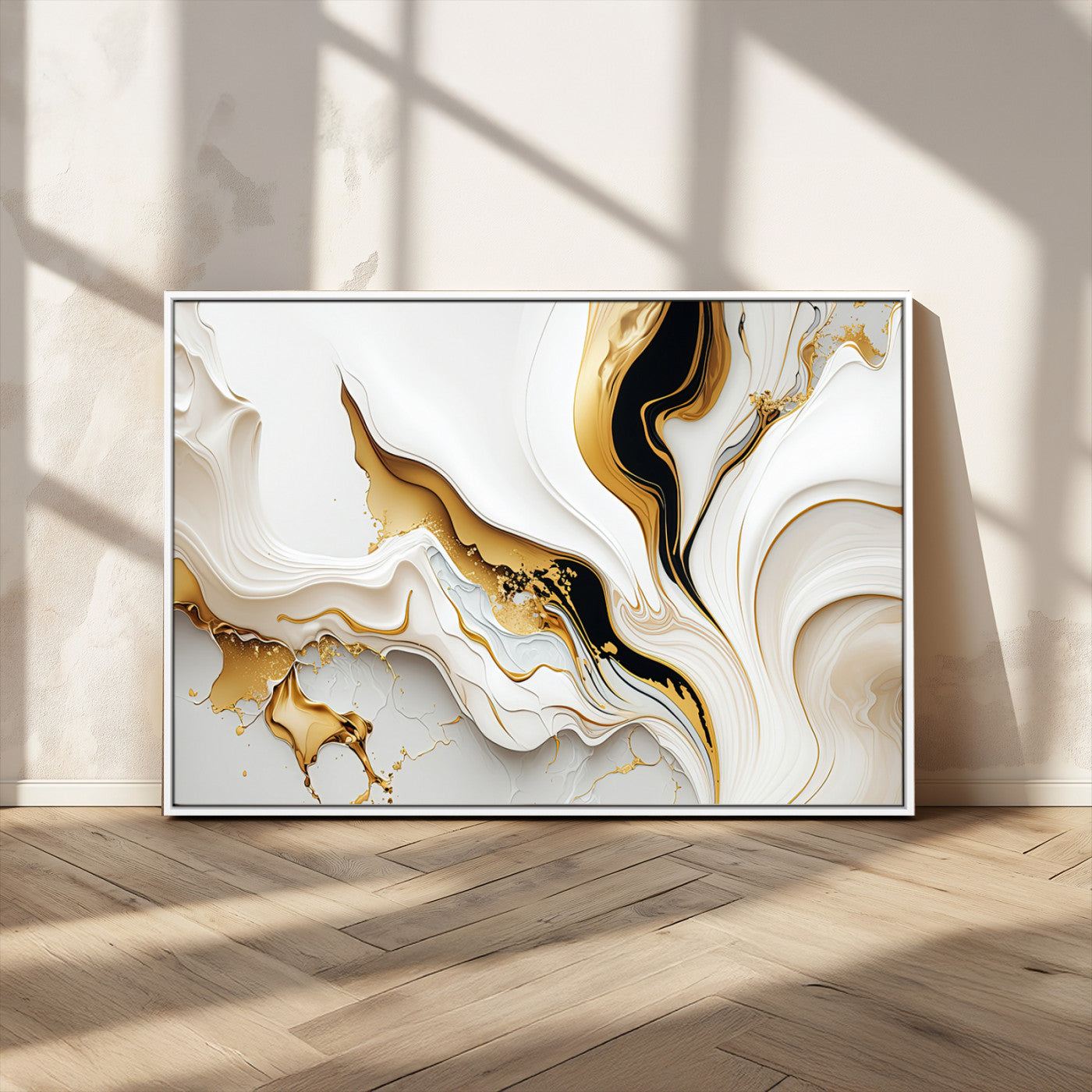 -Gold Waves on Pure White Canvas – Gold Abstract Art for Modern Interiors | Wall Art Canvas, Framed &