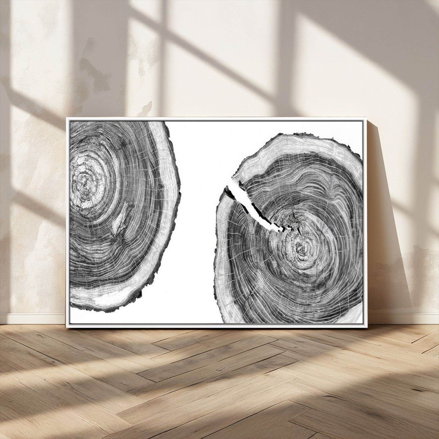 MGV-FC-36X24 - Modern Black and White Tree Rings Canvas Wall Art – Nature Inspired Wood Slice Print – Minimalist
