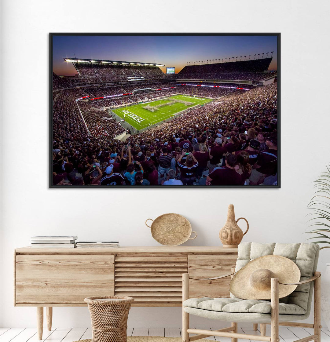 A vibrant canvas print of Texas A&M Aggies at College Stations Kyle Field Stadium captures the energy of fans cheering as the band marches at sunset.